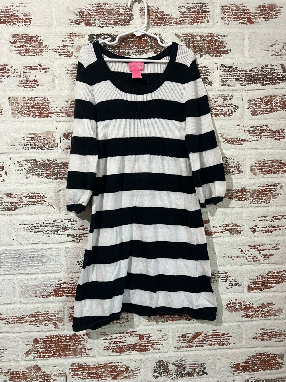 J. KHAKI Girls Sweater Dress Size S Black White Horizontal Stripe 3/4 Sleeve